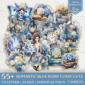 55+ romantische blauw ivoor kieskeurige snijwonden, blauwe minnaar kieskeurige snijwonden, afdrukbare kieskeurige snijwonden, Junk Journal Kit, Junk Journal Ephemera, blauwe stickers