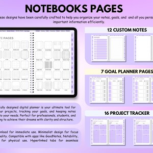Puede incluir: Planificador digital con un dise&ntilde;o minimalista. La imagen muestra una tableta que muestra varias p&aacute;ginas de notas, p&aacute;ginas de planificaci&oacute;n de objetivos y rastreadores de proyectos. El texto de la imagen dice "NOTEBOOKS PAGES" y "12 CUSTOM NOTES", "7 GOAL PLANNER PAGES" y "16 PROJECT TRACKER".