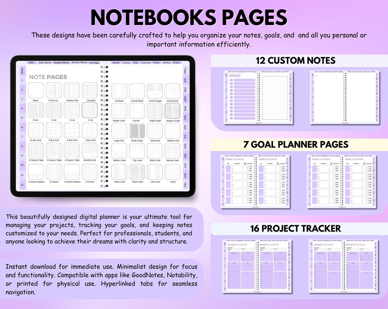 Puede incluir: Planificador digital con un dise&ntilde;o minimalista. La imagen muestra una tableta que muestra varias p&aacute;ginas de notas, p&aacute;ginas de planificaci&oacute;n de objetivos y rastreadores de proyectos. El texto de la imagen dice "NOTEBOOKS PAGES" y "12 CUSTOM NOTES", "7 GOAL PLANNER PAGES" y "16 PROJECT TRACKER".
