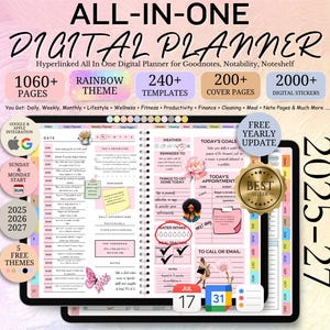 May include: Digital planner with a rainbow theme, featuring over 1060 pages, 240 templates, and 2000+ digital stickers. Includes Google & Apple integration, daily, weekly, and monthly layouts. The planner covers lifestyle, wellness, fitness, and more. The years 2025-2027 are included.