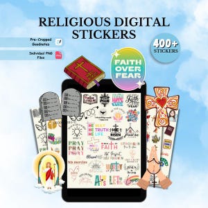 May include: Digital stickers with religious themes, including crosses, Bible verses, and inspirational quotes. The image shows a tablet displaying various sticker designs, a red Bible, and the text "FAITH OVER FEAR". Includes over 400 stickers.