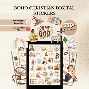 Peut inclure: Ensemble d'autocollants numériques chrétiens bohèmes avec diverses illustrations religieuses, notamment des croix, Jésus, des colombes et des citations inspirantes. Les autocollants sont disponibles en fichiers Goodnotes pré-recadrés et PNG individuels. Le texte "OH MY GOD" et "WORTHY is your name" est également présent.