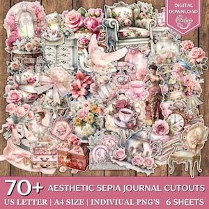 70 + Aesthetic Sepia Journal Fussy Cuts, Junk Journal Kit, Pink Fussy Cuts, Printable, Sticker, Collage Sheets, Ephemera, Scrapbook Supplies