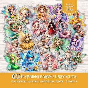 May include: A selection of over 65 spring fairy fussy cuts. The fairies are shown with colourful wings, floral crowns, and dresses. The image includes the text "DIGITAL DOWNLOAD Rachey" and "65+ SPRING FAIRY FUSSY CUTS".