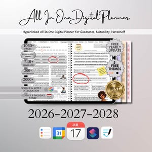 May include: A digital planner with the text "All In One Digital Planner" and "2026-2027-2028". The planner includes 1060+ pages, 240+ templates, and 200+ cover pages. It also features Google & Apple integration and a Sunday & Monday start.