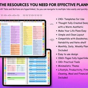 May include: Digital planner with a colorful index and weekly layout, featuring hyperlinked tabs and buttons. Includes templates, a minimalistic theme, and tools for lifestyle, productivity, and fitness. The text reads "ALL THE RESOURCES YOU NEED FOR EFFECTIVE PLANNING."