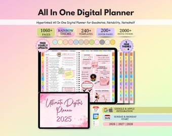 All-in-One Digital Planner 2027 2028 2029, Hyperlink Digital Planner, Daily Weekly Monthly Journal, Goodnotes Planner, Apple Google Calendar