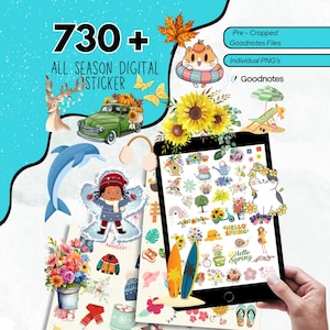 Op de afbeelding: Een digitale sticker set met seizoensgebonden illustraties. Bevat afbeeldingen van een hert, een groene vrachtwagen met zonnebloemen, een dolfijn, een kind dat een sneeuwengel maakt en de tekst "730+ ALL SEASON DIGITAL STICKER". Bevat ook de tekst "Hello Spring".