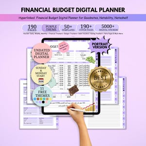 Könnte beinhalten: Ein digitaler Finanzbudgetplaner mit lila Thema, mit 190 Seiten, über 50 Vorlagen und über 190 Deckblättern. Der Planer enthält über 5000 digitale Aufkleber und ist für Goodnotes, Notability und Noteshelf konzipiert. Der Text "BEST SELLER" ist ebenfalls sichtbar.