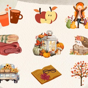 Puede incluir: Ilustraciones en acuarela con tem&aacute;tica oto&ntilde;al. Incluye tazas de caf&eacute; y t&eacute;, manzanas, una ni&ntilde;a, mantas, calabazas, una linterna, un erizo, una camioneta con girasoles, un libro con gafas y un &aacute;rbol.