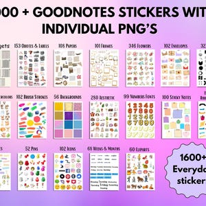 Peut inclure: Ensemble d'autocollants num&eacute;riques pour GoodNotes avec plus de 2000 autocollants PNG. Comprend des widgets, des citations, des papiers, des cadres, des fleurs, des enveloppes, des &eacute;l&eacute;ments, des aquarelles, des coups de pinceau, des fonds, des &eacute;l&eacute;ments esth&eacute;tiques, des polices de chiffres, des notes autocollantes.