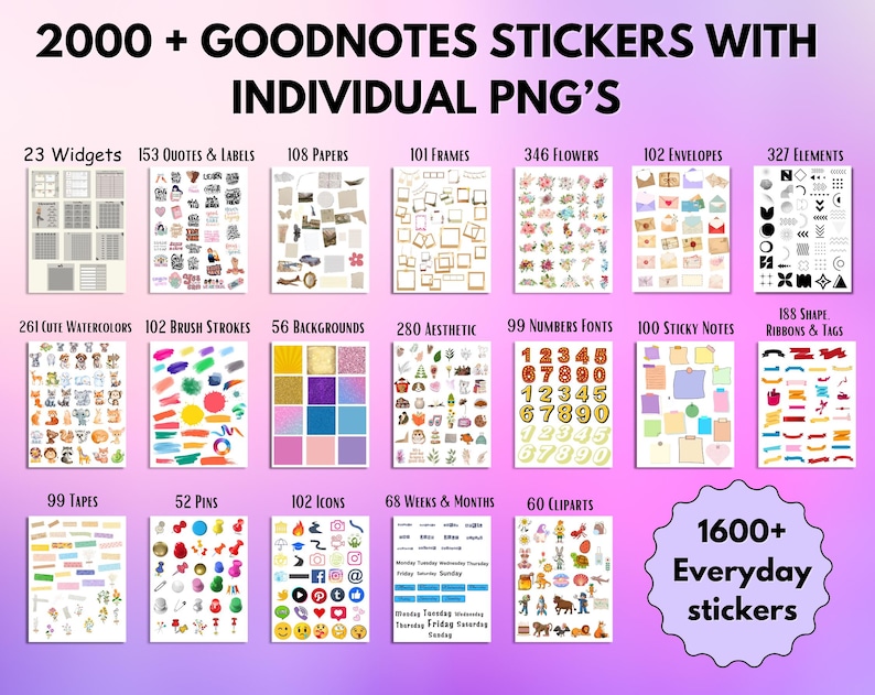 Peut inclure: Ensemble d'autocollants num&eacute;riques pour GoodNotes avec plus de 2000 autocollants PNG. Comprend des widgets, des citations, des papiers, des cadres, des fleurs, des enveloppes, des &eacute;l&eacute;ments, des aquarelles, des coups de pinceau, des fonds, des &eacute;l&eacute;ments esth&eacute;tiques, des polices de chiffres, des notes autocollantes.