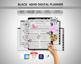 Dark ADHD Digital Planner, 2026 2027 2028 Goodnotes Planner, Adult ADHD Planner, Self Care Planner, Productivity Planner, ADHD Journal
