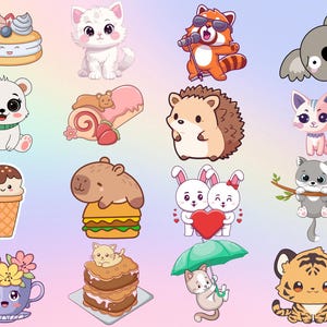 May include: A collection of colorful cartoon stickers featuring various animals and desserts. Includes a white cat, a red panda singing into a microphone, a koala, a polar bear, a hedgehog, a cat, a tiger, and more.