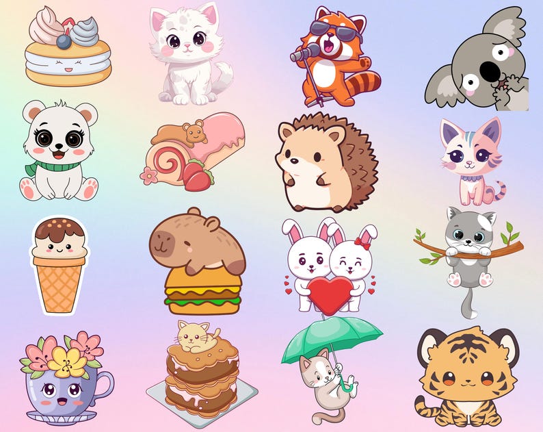 May include: A collection of colorful cartoon stickers featuring various animals and desserts. Includes a white cat, a red panda singing into a microphone, a koala, a polar bear, a hedgehog, a cat, a tiger, and more.