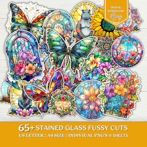 May include: A collection of colorful stained glass fussy cuts featuring butterflies, floral arrangements, and arched window designs. The digital download includes over 65 individual PNG images on 8 sheets, in US Letter and A4 sizes. The images have a watercolor effect.