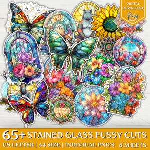 65 + Stained Glass Fussy Cuts, Colorful Fussy Cuts, Junk Journal Supplies, Ephemera Flowers Butterflies, Scrapbook Supplies, Butterfly Cuts