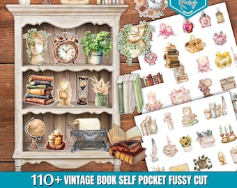 110 + Vintage Book Self Pocket Fussy Cuts, Printable Fussy Cuts, Junk Journal Kit, Library Book Shelf Fussy Cuts, Scrapbook Supplies