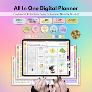 Può includere: Un'agenda digitale con il testo "All In One Digital Planner". L'agenda include oltre 1060 pagine, un tema arcobaleno, oltre 240 modelli, oltre 200 copertine e oltre 2000 adesivi digitali. L'agenda è ipertestuale per Goodnotes, Notability e Noteshelf.