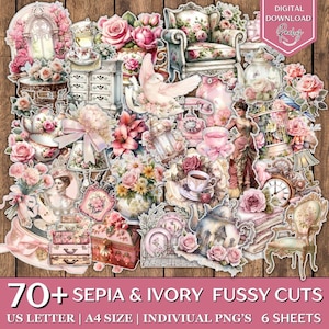 Más de 70 recortes sepia y marfil, kit para diario basura, recortes rosas, imprimibles, pegatinas, hojas de collage, material efímero y suministros para scrapbooking.