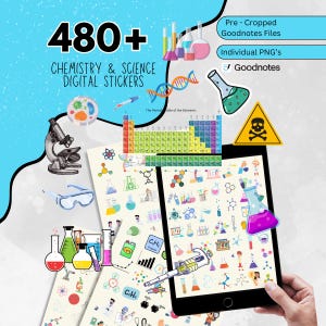 Może przedstawiać: Produkt cyfrowy z ponad 480 naklejkami o tematyce chemicznej i naukowej. Obraz zawiera mikroskop, zlewki, układ okresowy i tablet z różnymi wzorami naklejek. Tekst zawiera "Chemistry & Science Digital Stickers".