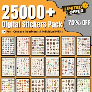 May include: An orange background with the text "25000+ Digital Stickers Pack" and "Limited Offer 75% Off." Below are multiple digital sticker packs with various themes, including animals, food, and travel.