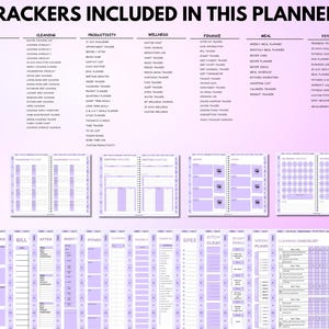 Peut inclure: Un agenda &agrave; th&egrave;me violet clair, avec divers trackers pour le style de vie, le nettoyage, la productivit&eacute;, le bien-&ecirc;tre, les finances, les repas et la forme physique. Le texte "TRACKERS INCLUDED IN THIS PLANNER" est en haut.
