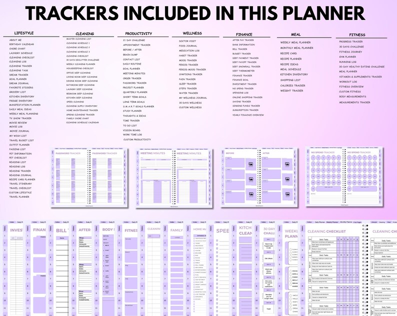 Peut inclure: Un agenda &agrave; th&egrave;me violet clair, avec divers trackers pour le style de vie, le nettoyage, la productivit&eacute;, le bien-&ecirc;tre, les finances, les repas et la forme physique. Le texte "TRACKERS INCLUDED IN THIS PLANNER" est en haut.