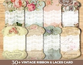 30+ Vintage Ribbons & Lace, Printable Lace Holder, Ribbon Spool, Vintage Junk Journal, Sewing Spool Tag, Sewing Ephemera, Scrapbook Ephemera