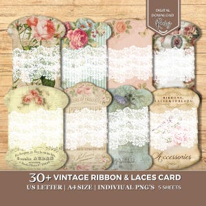 30+ Vintage Ribbons & Lace, Printable Lace Holder, Ribbon Spool, Vintage Junk Journal, Sewing Spool Tag, Sewing Ephemera, Scrapbook Ephemera