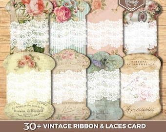 30+ Vintage Ribbons & Lace, Printable Lace Holder, Ribbon Spool, Vintage Junk Journal, Sewing Spool Tag, Sewing Ephemera, Scrapbook Ephemera