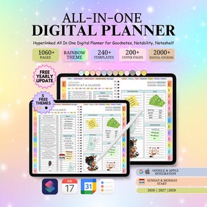以下が含まれることがあります： 「ALL-IN-ONE DIGITAL PLANNER」のテキストが表示されたデジタルプランナーが2つのタブレットに表示されています。プランナーには1060ページ以上、レインボーテーマ、240以上のテンプレート、200以上の表紙、2000以上のデジタルステッカーが含まれています。