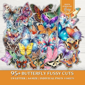 May include: A selection of butterfly cutouts in diverse sizes and designs. The butterflies display a spectrum of colours, including blue, orange, pink, and yellow. The image includes the text "95+ BUTTERFLY FUSSY CUTS".