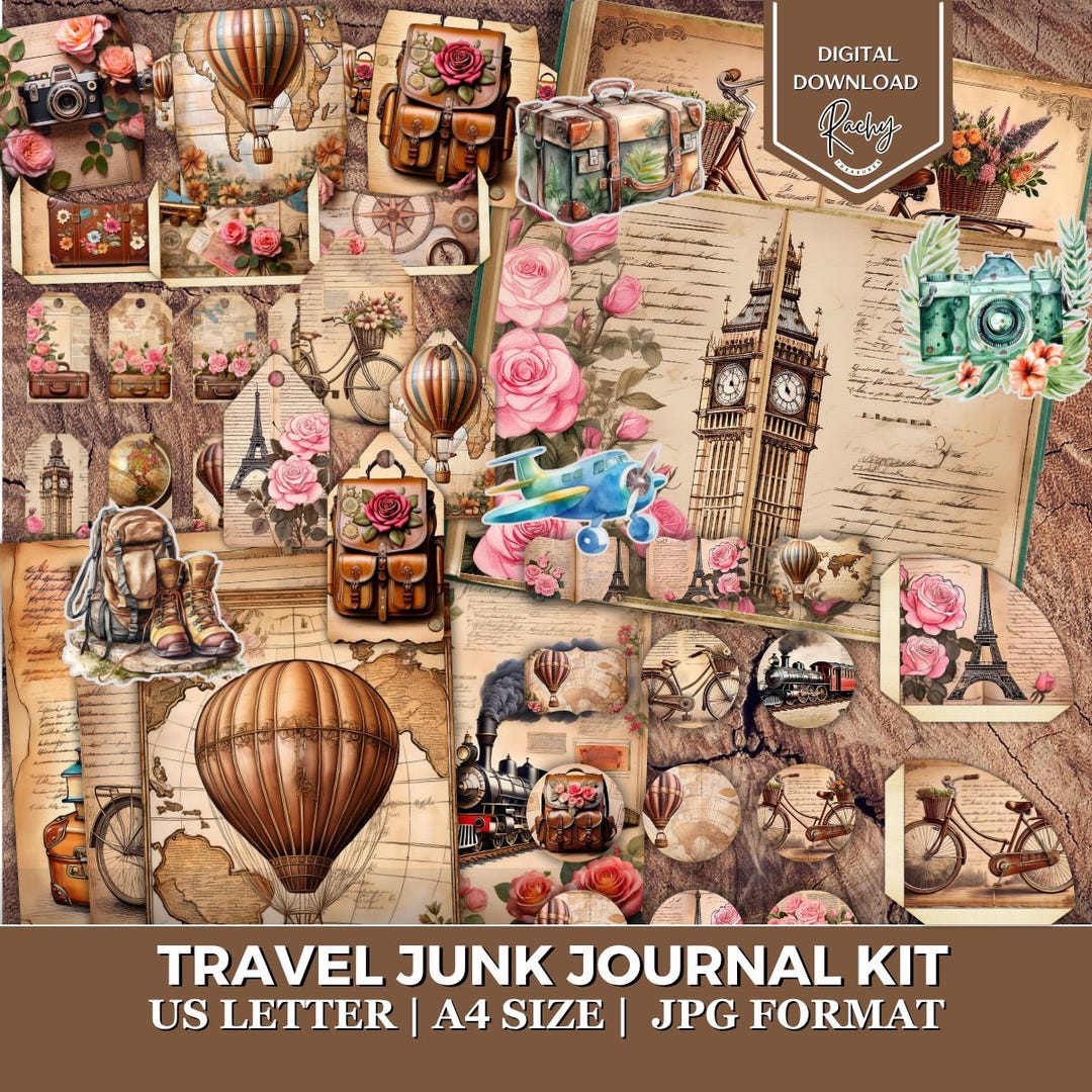 Travel Junk Journal Kit, Vintage Ephemera, Adventure Journal Pages, Map, Camera, Tags, Travel ...