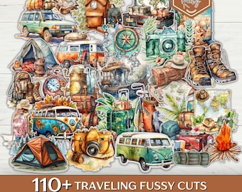 May include: A collection of travel-themed fussy cuts featuring vintage vehicles, suitcases, cameras, compasses, and camping gear. The images are in various colors, including green, orange, and brown. Text at the bottom reads "110+ TRAVELING FUSSY CUTS".