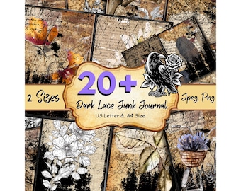 20 + Dark Laces Journal Paper,  Vintage Lace Junk Journal Paper, Printable Journal Pages, Scrapbook Lace, Dark Lace Papers, Collage Sheets