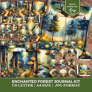 Könnte beinhalten: Digitales Journal-Kit mit dem Thema verwunschener Wald. Die Illustrationen zeigen Pilze, Bäume und einen Pfad. Das Kit enthält verschiedene Verzierungen und den Text "Enchanted Forest Journal Kit".