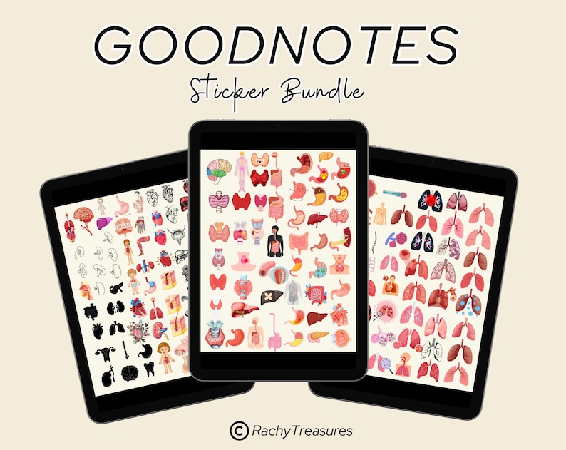 May include: Three digital device screens displaying a set of colorful Goodnotes stickers featuring various human organs. The stickers are organized into categories, including the brain, heart, lungs, stomach, and intestines. The text "GOODNOTES Sticker Bundle" is displayed at the top of the image.