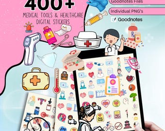 May include: A digital sticker set featuring medical tools and healthcare-themed graphics. The image includes a thermometer, syringe, medical kit, and nurse's hat. The text reads "400+ Medical Tools & Healthcare Digital Stickers" and "Pre-Cropped Goodnotes Files."