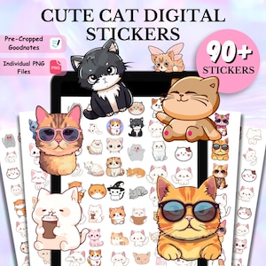 90 + schattige digitale kattenstickers, Goodnotes-sticker, kattenliefhebberstickers, pakket digitale plannerstickers, leuke digitale stickers, png-stickers