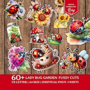 May include: A collection of whimsical ladybug-themed digital cutouts on a wooden background. The designs include ladybugs on flowers, mushrooms, and a coffee cup. Text at the bottom reads "60+ LADY BUG GARDEN FUSSY CUTS".