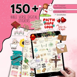 Könnte beinhalten: Ein digitales Sticker-Set mit Bibelversen, das Herzen, Blumen und inspirierende Zitate zeigt. Das Bild enthält den Text "150+ Bibelvers Digital Sticker" und "Glaube, Hoffnung, Liebe".