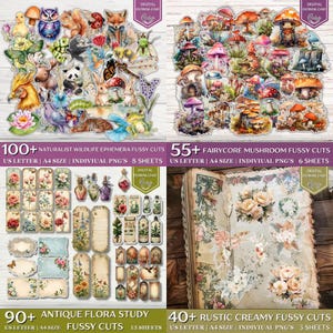 May include: A collection of digital ephemera featuring naturalist wildlife, fairycore mushrooms, antique flora, and rustic creamy designs. The image includes cut-out sheets with various illustrations, including animals, mushrooms, flowers, and vintage-style elements. The text on the image reads "Digital Download".