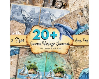 20 + Ocean Vintage Junk Journal Pages Pack, Blue Sea Junk Journal Pages, Vintage Journal Paper, Beach Journal  Pages, Marine Journal Pages