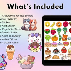 May include: Digital stickers for Goodnotes, featuring cute illustrations of animals, food, and fruits. The image includes a tablet displaying various sticker designs, such as a cat with a donut, a koala, and a variety of food items.