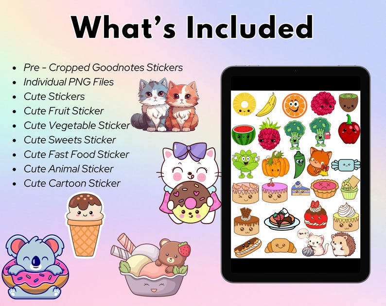 May include: Digital stickers for Goodnotes, featuring cute illustrations of animals, food, and fruits. The image includes a tablet displaying various sticker designs, such as a cat with a donut, a koala, and a variety of food items.