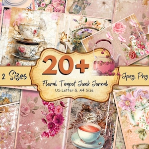 20 + Floral Teapot Junk Journal Papers, Vintage Floral Junk Journal, Chic Tea Party Journal Pages, Tea Journal, Vintage Teapot Journal Pages
