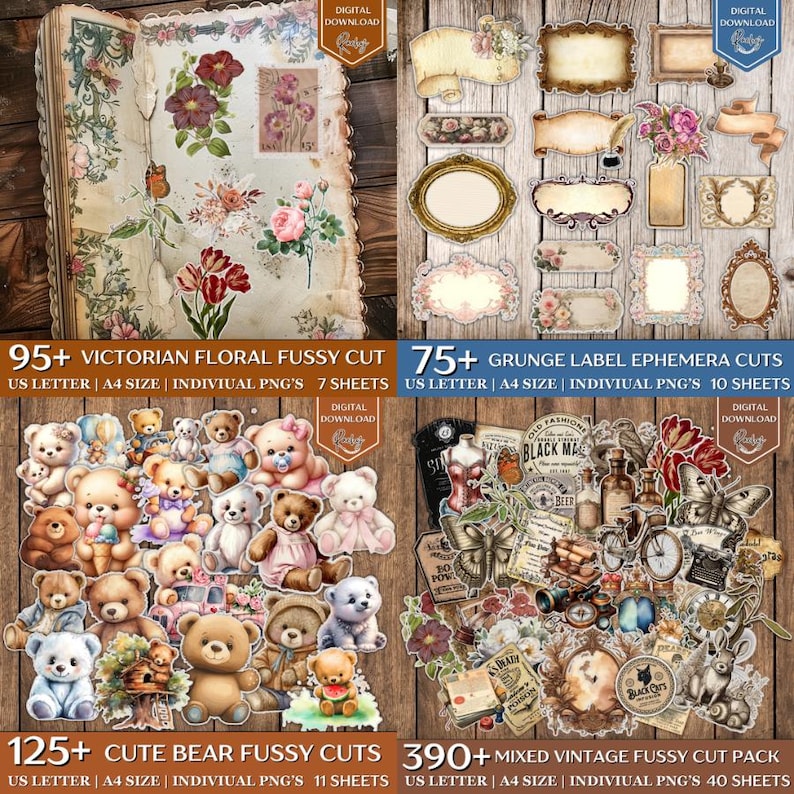May include: A collection of digital ephemera, including Victorian floral fussy cuts, grunge label ephemera cuts, cute bear fussy cuts, and mixed vintage fussy cuts. The image includes text that reads "95+ Victorian Floral Fussy Cut", "75+ Grunge Label Ephemera Cuts", "125+ Cute Bear Fussy Cuts", and "390+ Mixed Vintage Fussy Cut Pack".