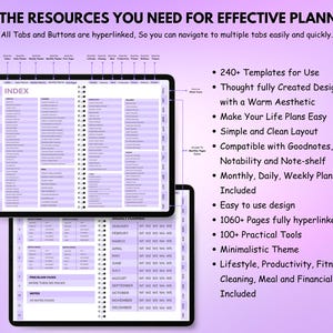 Peut inclure: Planificateur num&eacute;rique violet et blanc. Il comprend un index, des sections mensuelles, quotidiennes et hebdomadaires. Le texte de l'image indique "ALL THE RESOURCES YOU NEED FOR EFFECTIVE PLANNING" et &eacute;num&egrave;re des fonctionnalit&eacute;s.
