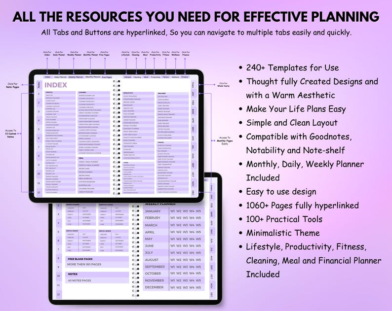 Peut inclure: Planificateur num&eacute;rique violet et blanc. Il comprend un index, des sections mensuelles, quotidiennes et hebdomadaires. Le texte de l'image indique "ALL THE RESOURCES YOU NEED FOR EFFECTIVE PLANNING" et &eacute;num&egrave;re des fonctionnalit&eacute;s.